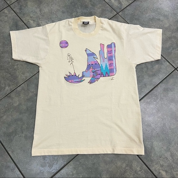 Vtg Single Stitch Screen StarsCoyote T Shirt 1990's Art Abstract Nature Howl L - Picture 7 of 9